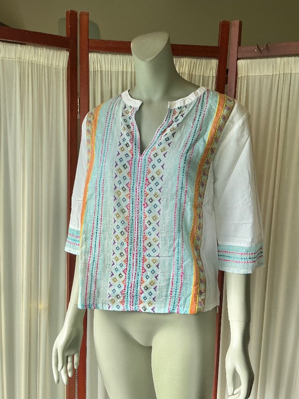 Sundance Women’s White Cotton Embroidered Boho Top Size Small